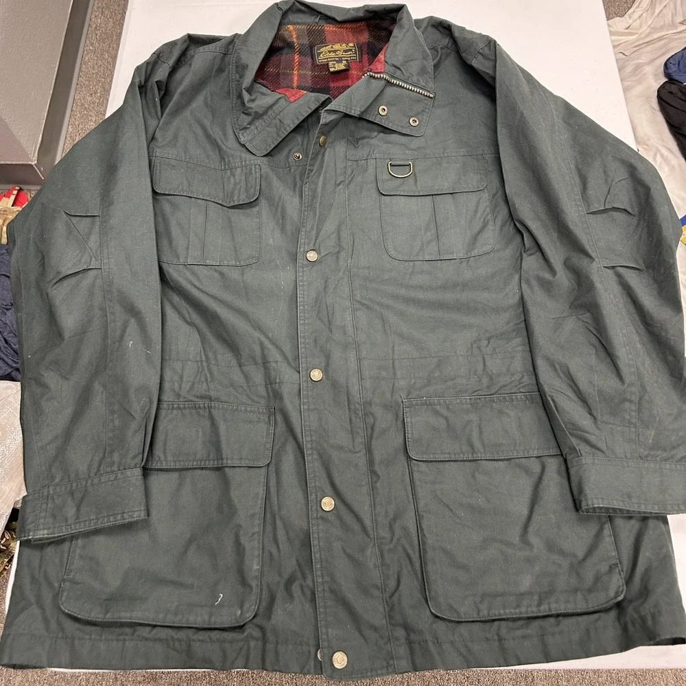Eddie Bauer Field Jacket Mens XL Green Plaid Lined Canvas Hunting Barn Coat